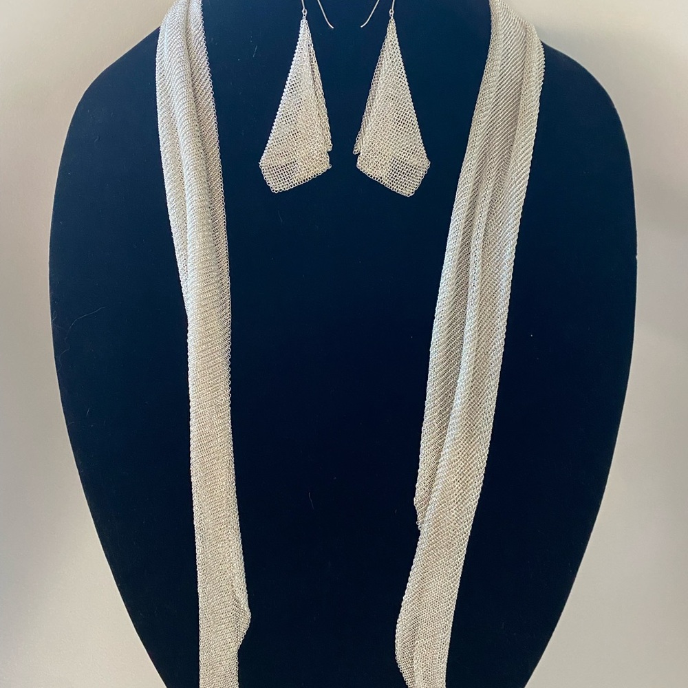 Tiffany & Co. Elsa Peretti  Silver Mesh Scarf Necklace with Matching Earrings
